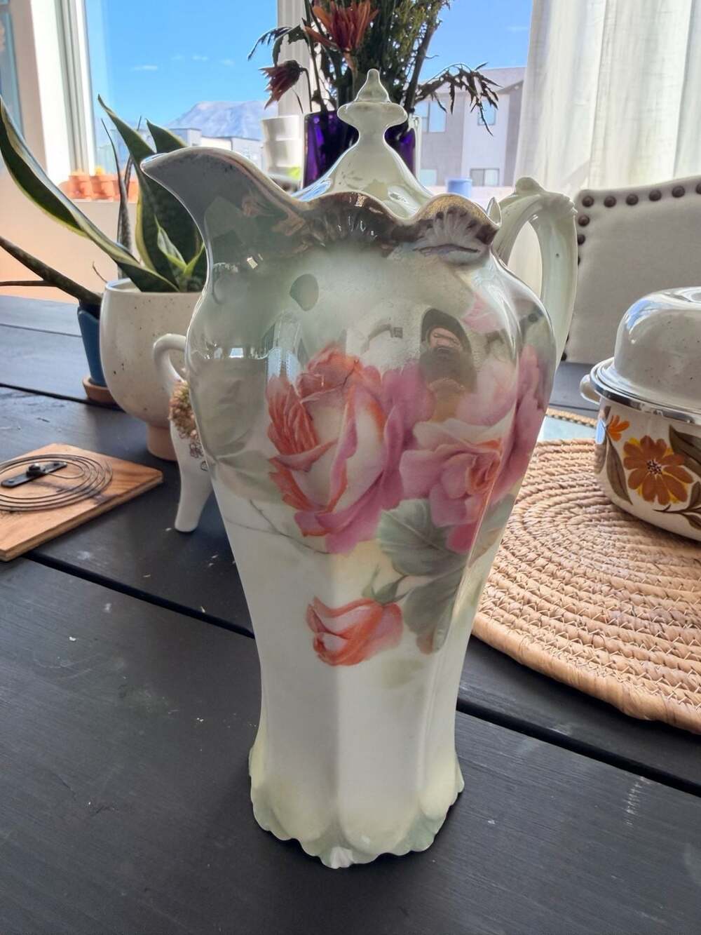 Antique RS Prussia Chocolate Pot Pitcher Pink Rose Red Porcelain Lidded Jug Vase